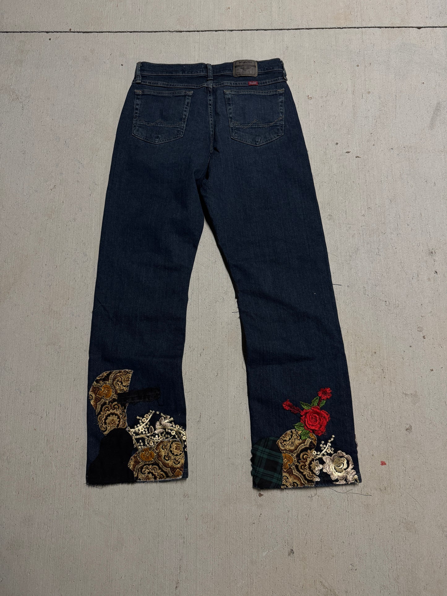 Custom Patchwork Flared Wrangler Denim (Dark Wash)