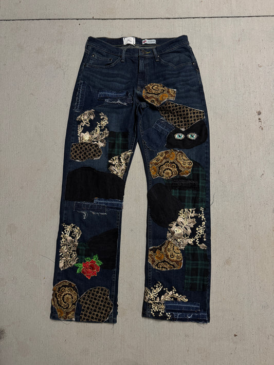 Custom Patchwork Flared Wrangler Denim (Dark Wash)